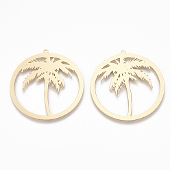 Light Gold Brass Pendants, Etched Metal Embellishments, Flat Round with Coconut Tree, Light Gold, 37x35x0.3mm, Hole: 1.2mm