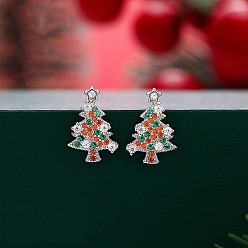 Рождественская елка 925 стерлингового серебра кубического циркония серьги стержня, платина, рождественская елка, 13x9 мм