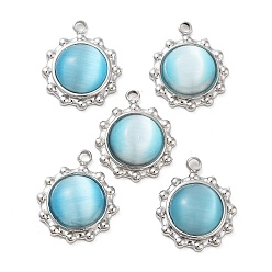 Light Blue 304 Stainless Steel with Cat Eye Pendants, Oval, Light Blue, 15x12.5x4mm, Hole: 1.5mm