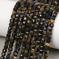 Тигровый глаз Природных тигровый глаз бисер нитей, граненые настольные бусины в форме куба, 4~4.5x4~4.5x4~4.5 мм, отверстие : 0.9 мм, около 88~98 шт / нитка, 15.35''~15.55'' (39~39.5 см)