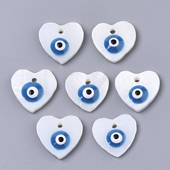 Dodger Blue Natural Freshwater Shell Charms, with Enamel, Heart with Evil Eye, Dodger Blue, 12x12~13x3mm, Hole: 1.4mm