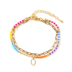 Letter O 304 Браслеты из нержавеющей стали с подвесками в виде букв, двухслойные, Эластичные браслеты из смоляных бусин для женщин, золотые, Письмо O, 6.50 дюйм (16.5 см) ~ 6.69 дюйм (17 см)