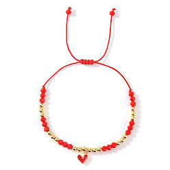 Красный Браслеты с подвесками в виде сердечек из латуни с эмалью, Браслеты из плетеных бусин из стекла и латуни для женщин, золотые, красные, 11.02 дюйм (28 см)