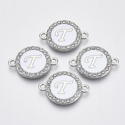 Letter T Verbindungsstücke aus Aluminium, mit Kristall Strass, flach rund mit Brief, Silberfarbe überzogen, letter.t, 22x16x2 mm, Bohrung: 1.8 mm