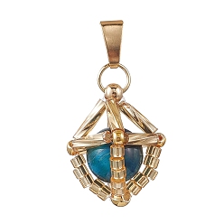 Озёрно--синий Подвески из натурального тигрового глаза (окрашенного и нагретого) и стеклянных бусин ручной работы, с кнопкой на поруки, золотые, Плут синий, 17.5x15x15 мм, отверстие : 5.5x2.5 мм