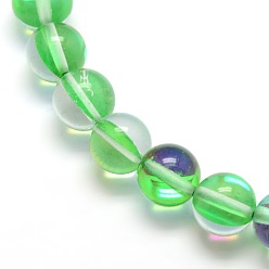 Spring Green Synthetic Moonstone Beads Strands, Dyed, Holographic Beads, Half AB Color Plated, Round, Spring Green, 8mm, Hole: 1mm, about 49pcs/strand, 15 inch