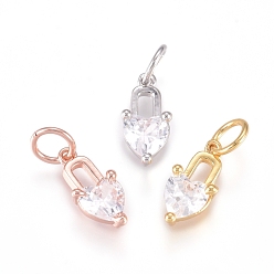 (52) Непрозрачная лаванда Латунь прелести, с микропаве из кубического циркония и прыжковыми кольцами, сердце замок, прозрачные, разноцветные, 11.5x5.5x3 мм, отверстие : 3.2 мм