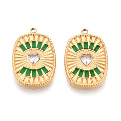 Зеленый 304 подвески из нержавеющей стали с хрустальными стразами и эмалью, Прямоугольник с сердцем, ионное покрытие (ip), реальный 18 k позолоченный, зелёные, 22.5x15x2.5~3 мм, отверстие : 1.5 мм