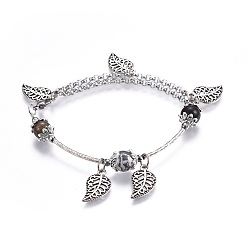 Howlite 304 Stainless Steel Charm Bracelets, with Natural Howlite Beads, Natural Labradorite, Natural Sandalwood, Alloy Finding, Leaf, 7-5/8 inch(19.5cm)