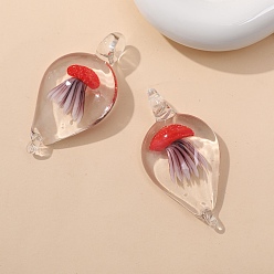 Red Handmade Lampwork Pendants, Teardrop with Jellyfish, Red, 59x32mm