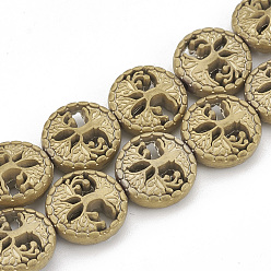 Светло-Золотое Покрытие Гальванизировать немагнитных синтетический гематит бисер пряди, матовый стиль, плоские круглые с дерева жизни, свет позолоченные, 12~12.5x4~4.5 мм, отверстие : 1 мм, около 32 шт / нитка, 15.74 дюйм