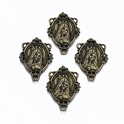 Antique Bronze Tibetan Style Alloy Chandelier Component Links, 3 Loop Connectors, Chandelier Component Links, 3 Loop Connectors, for Religion, Cadmium Free & Nickel Free & Lead Free, Oval with Virgin Mary & Words, Antique Bronze, 29x20x3mm, Hole: 1.8mm and 1mm, about 298~310pcs/1000g