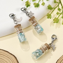 Нержавеющая Сталь Цвет Натуральный амазонитовый осколок внутри стеклянной бутылки желаний подвеска украшение, с подвесками из нержавеющей стали в виде звезд, луны и молний, цвет нержавеющей стали, 42 мм, 3 шт / комплект