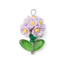 Лиловый Подвески-цветы из стеклянных бус, с фурнитурой из смолы и латуни, сирень, 25x14x13 мм, отверстие : 3x2.5 мм