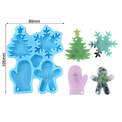 Cornflower Blue Christmas Theme DIY Pendant Silicone Statue Molds, for Keychain Making, Resin Casting Molds, For UV Resin, Epoxy Resin Jewelry Making, Christmas Tree & Snowflake & Glove & Gingerbread Man, Cornflower Blue, 106x88x8mm