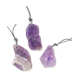 Amethyst Natural Amethyst Pendants, with Hemp Rope, Nuggets, 33~50.5x22.5~32x4~6mm, Hole: 1.6~4mm