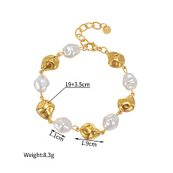 Золотой 304 Браслеты-цепочки из нержавеющей стали и пластиковых жемчужных бусин для женщин, самородки, золотые, 7.68 дюйм (19.5 см)