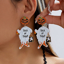 Ghost Halloween Alloy Enamel & Rhinestone Stud Dangle Earrings, Golden, Ghost, 75x40mm
