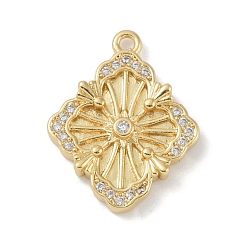 Настоящее золото 18K Покрытие стойки латунь микропаве прозрачные подвески из кубического циркония, долговечный, без свинца и без кадмия, ромб, реальный 18 k позолоченный, 20x16x3 мм, отверстие : 1.2 мм