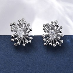 Платина Серьги-гвоздики из латуни с прозрачным кубическим цирконием в виде цветка, без свинца и без кадмия, долговечный, стойки покрытие, платина, 19x14 мм