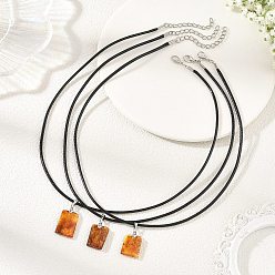 Platinum Natural Amber Rectangle Pendant Necklaces with Black Imitation Leather Cord, Platinum, 17.32 inch(44cm)