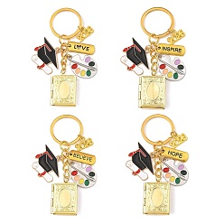Golden 2026 Graduation Season Theme Alloy & Brass Pendant Keychains, Inspirational Words Graduation Keychains, Graduation Cap Palette Book, with Iron Split Key Rings, Golden, 80mm
