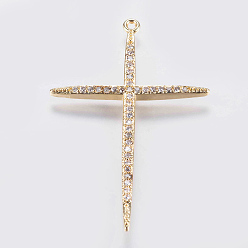 Золотой Латунные микро проложить кубического циркония подвески, крестик, золотые, 48x30x3 мм, отверстие : 1 мм