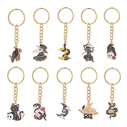 (52) Непрозрачная лаванда Брелок с подвеской из эмали из сплава на тему хэллоуина, с железными разрезными брелоками, ворона и кошка и змея с цветком и луной, разноцветные, 7.5~8.3 см, 10 шт / комплект