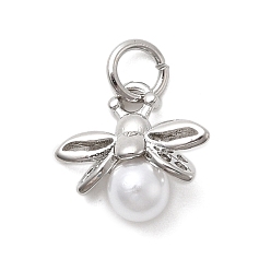 Платина Латунные подвески, прелести пчел, с прыжковым кольцом и искусственным жемчугом из пресса, без кадмия и без свинца, стойки покрытие, долговечный, платина, 11x12x4.5 мм, отверстие : 3.4 мм