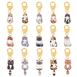 (52) Непрозрачная лаванда 15Шт подвесные украшения из сплава эмали, Сплав с застежками когтя омара, форма кошки, золотые, разноцветные, 52~65 мм