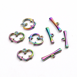 Rainbow Color Ионное покрытие (ip) 304 застежки из нержавеющей стали, сердце, Радуга цветов, Сердце: 15x15.5x2 mm, отверстие : 1.6 мм, бар: 21x6x2.5 mm, отверстие : 1.5 мм