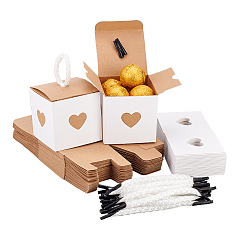 Tan Retro Cardboard Gift Favor Boxes, Paper Candy Drawer Boxes, with Polyester Handles, Square with Heart to Heart, Tan, 5.6x5.6x5.5cm
