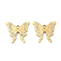 Настоящее золото 18K 304 из нержавеющей стали горный хрусталь подвески, бабочки прелести, ионное покрытие (ip), реальный 18 k позолоченный, 14x15x2 мм, отверстие : 1.3 мм