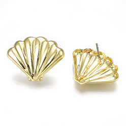 Light Gold Alloy Stud Earring Findings, with Loop, Steel Pins, Shell, Light Gold, 17x21.5mm, Hole: 3mm, Pin: 0.7mm