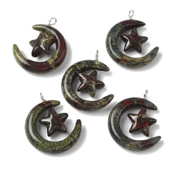Кровь драконов Подвески из натуральной драконьи яшмы, луна со звездными чарами, с петлями из медной проволоки, платина, 36~37x27~28x7.5~8 мм, отверстие : 4 мм