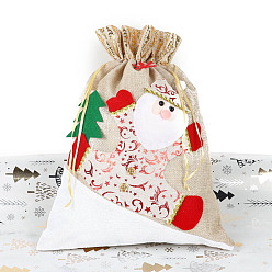 Linen Christmas Jute Printed Drawstring Bags, Rectangle Candy Storage Supplies, Linen, 40x30cm
