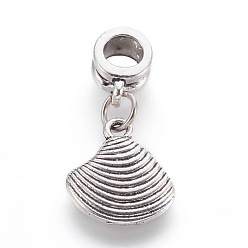 Antique Silver Alloy European Dangle Charms, Large Hole Pendants, with Iron Ring, Shell, Antique Silver, 27mm, Hole: 5mm, 15x13x2mm