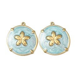 Небесно-голубой 304 подвески из нержавеющей стали, с эмалью, плоские круглые и цветочные подвески, реальный 18 k позолоченный, ионное покрытие (ip), голубой, 28x25x4 мм, отверстие : 1.4 мм