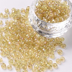 Pale Goldenrod Round Glass Seed Beads, Transparent Colours Rainbow, Round, Pale Goldenrod, 4mm