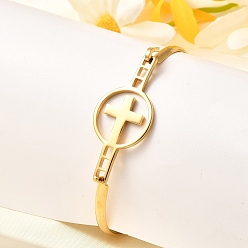 Cross 201 плоские круглые браслеты из нержавеющей стали для женщин, реальный 18 k позолоченный, крестик, 1/8 дюйм (0.4 см), внутренний диаметр: 2 дюйм (5.1 см) x 2-5/8 дюйм (6.6 см)