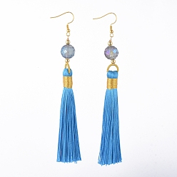 Blue Polyester Tassel Dangle Earrings, with Electroplate Glass Beads, Brass Beads and Earring Hooks, Golden, Blue, 120mm, Pin: 0.6mm