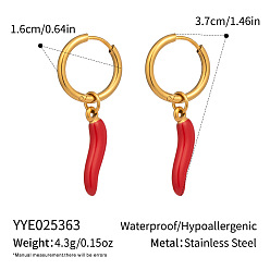 Настоящее золото 18K Женские серьги-кольца из нержавеющей стали с красной эмалью и перцем чили, реальный 18 k позолоченный, 37x16 мм