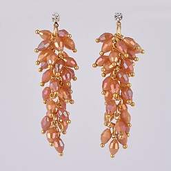 Orange Red Electroplate Glass Cluster Beads Dangle Stud Earrings, with Brass Cubic Zirconia Stud Earring Findings and Ear Nuts, Earring Backs, Real 18K Gold Plated, Orange Red, 55mm, Pin: 0.7mm