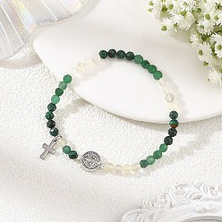 Green Gradient Natural Mixed Stone Faceted Round Beaded Stretch Bracelets with Alloy Saint Benedict Medal, 304 Stainless Steel Tiny Religion Cross Charm Bracelets, Antique Silver & Stainless Steel Color, Green, Inner Diameter: 2.09 inch(5.3cm)