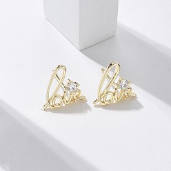 Настоящее золото 18K Серьги-гвоздики из циркония, Слово любовь, реальный 18 k позолоченный, 10.5x11.5 мм