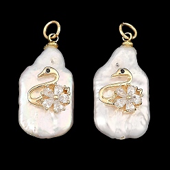 Golden Natural Baroque Keshi Pearl Pendants, Rectangle Charms with Brass Pave Clear Cubic Zirconia Swan, Floral White, Golden, 26~26.5x13.5x8.5~9mm, Hole: 3.5mm