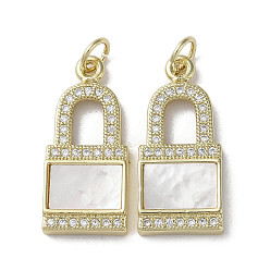 Real 18K Gold Plated Brass Micro Pave Cubic Zirconia Pendants, Cadmium Free & Lead Free, with Shell, Lock, Real 18K Gold Plated, 23x10.5x3mm, Hole: 3mm