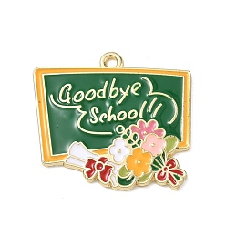 Green Alloy with Enamel Pendants, Blackboard with Word Goodbye School Charms, Cadmium Free & Nickel Free & Lead Free, Golden, Green, 26x28x2mm, Hole: 1.8mm