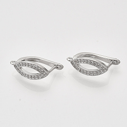 Platinum Brass Micro Pave Cubic Zirconia Hoop Earring Findings with Latch Back Closure, Nickel Free, with Horizontal Loop, Horse Eye, Real Platinum Plated, 18x7.5x12.5mm, Hole: 1.2mm, Pin: 1mm.
