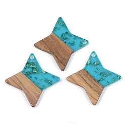 Dark Turquoise Transparent Resin & Walnut Wood Pendants, with Gold Foil, Star, Dark Turquoise, 29.5x29.5x3mm, Hole: 2mm